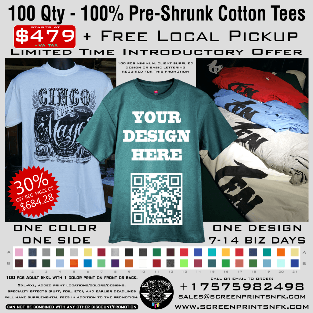 100qty 100% Cotton Tees Starting At $479 - Screen Prints NFK